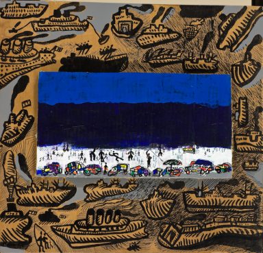 la plage au centre acrylique sur bois et carton 2001